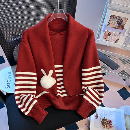 Donielle Stripe Sweater With Stole - flat-lay shot, red and white - Miss Mosa By Akanksha