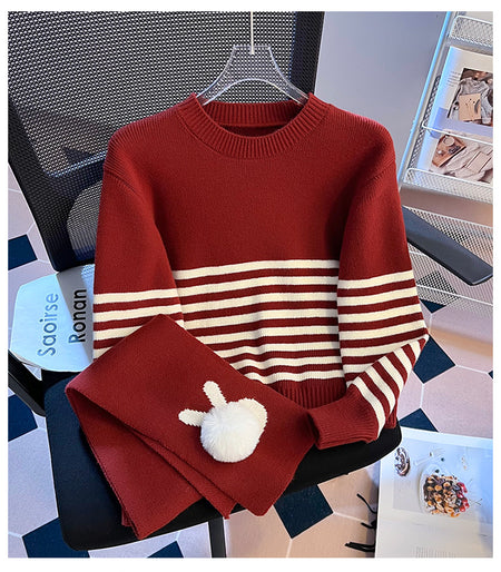 Donielle Stripe Sweater With Stole - flat-lay shot, red and white - Miss Mosa By Akanksha