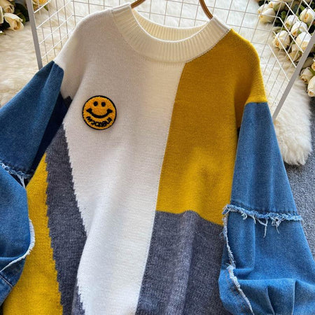 Dora Quirky Statement Sweatshirt - close-up of smiley patch, multicolour - Miss Mosa By Akanksha