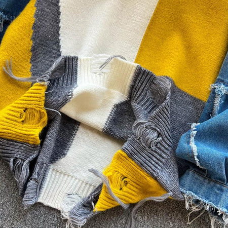 Dora Quirky Statement Sweatshirt - close-up of distressed hem, multicolour - Miss Mosa By Akanksha
