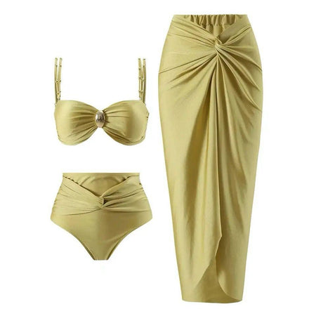 Dorel Luxe Swimsuit With Sarong Skirt In Gold - front shot on model outdoors - Miss Mosa By Akanksha