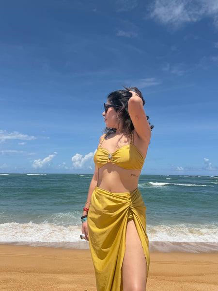 Dorel Luxe Swimsuit With Sarong Skirt In Gold - side shot - Miss Mosa By Akanksha