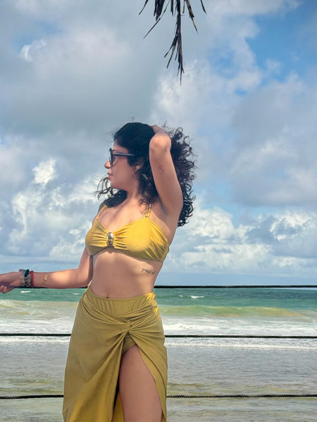 Dorel Luxe Swimsuit With Sarong Skirt In Gold - side shot - Miss Mosa By Akanksha