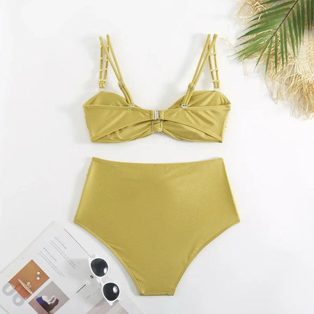 Dorel Luxe Swimsuit With Sarong Skirt In Gold - flat-lay shot of bikini and skirt - Miss Mosa By Akanksha