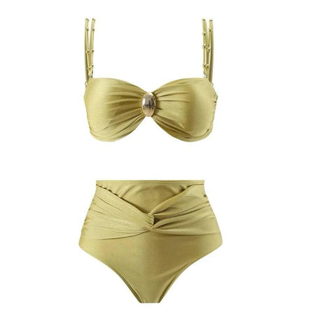 Dorel Luxe Swimsuit With Sarong Skirt In Gold - flat-lay shot of bikini set - Miss Mosa By Akanksha