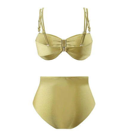 Dorel Luxe Swimsuit With Sarong Skirt In Gold - back flat-lay shot of bikini set - Miss Mosa By Akanksha