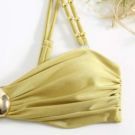 Dorel Luxe Swimsuit With Sarong Skirt In Gold - close-up of beaded strap and bust - Miss Mosa By Akanksha