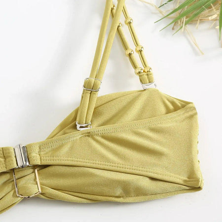 Dorel Luxe Swimsuit With Sarong Skirt In Gold - close-up of beaded straps - Miss Mosa By Akanksha