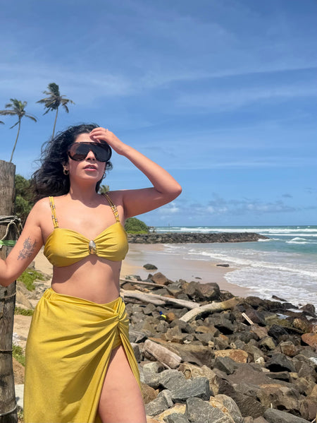 Dorel Luxe Swimsuit With Sarong Skirt In Gold - full-length front shot - Miss Mosa By Akanksha