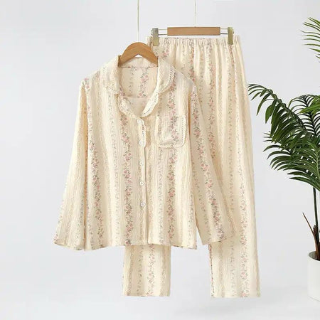 Doreme Cotton Nightsuit - flat-lay product shot on hanger, cream and pink floral - Miss Mosa By Akanksha