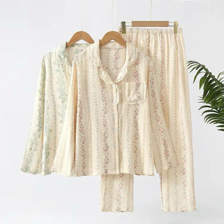 Doreme Cotton Nightsuit - flat-lay product shot of two colourways on hangers, cream floral - Miss Mosa By Akanksha