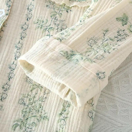 Doreme Cotton Nightsuit - close-up of sleeve and floral fabric detail, cream and green floral - Miss Mosa By Akanksha