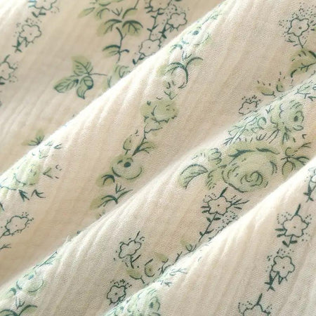 Doreme Cotton Nightsuit - close-up of floral fabric detail, cream and green floral - Miss Mosa By Akanksha