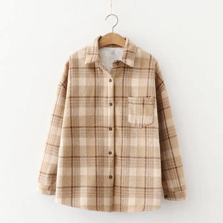 Dorian Statement Plaid Shirt - front shot on hanger, beige - Miss Mosa By Akanksha