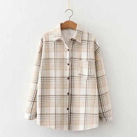 Dorian Statement Plaid Shirt - front shot on hanger, cream and brown - Miss Mosa By Akanksha