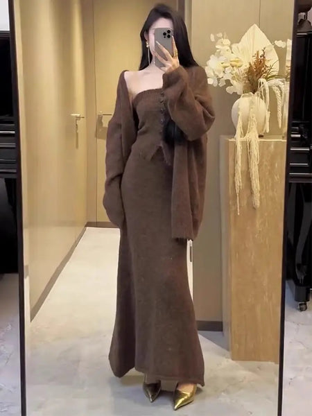 Doris Luxe Winter 3 Pc Coord Set In Brown - full-length mirror shot on model - Miss Mosa By Akanksha