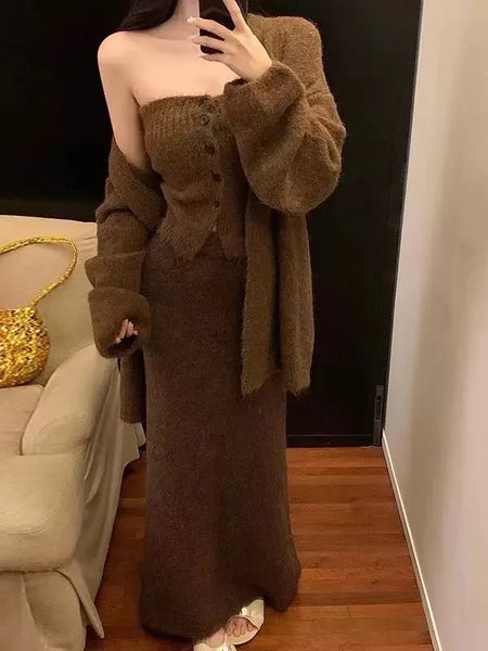 Doris Luxe Winter 3 Pc Coord Set In Brown - front shot on model - Miss Mosa By Akanksha