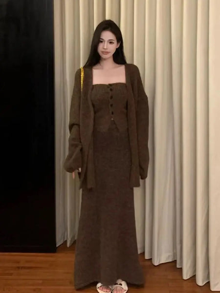 Doris Luxe Winter 3 Pc Coord Set In Brown - full-length shot on model - Miss Mosa By Akanksha