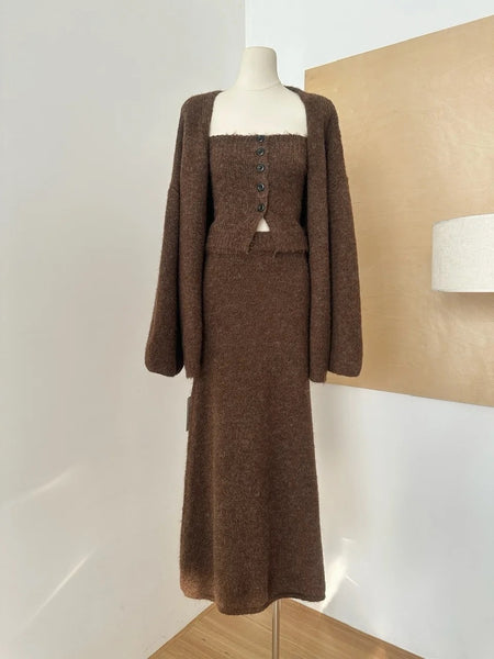 Doris Luxe Winter 3 Pc Coord Set In Brown - full-length shot on mannequin - Miss Mosa By Akanksha