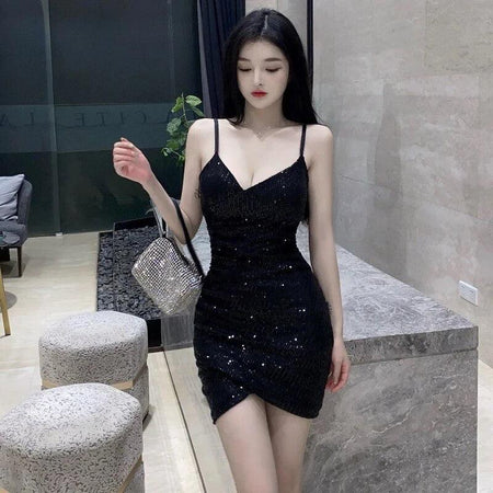 Dorota Sequinned Party Dress - full-length shot on model, black - Miss Mosa By Akanksha