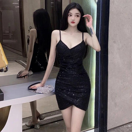 Dorota Sequinned Party Dress - full-length shot on model, black - Miss Mosa By Akanksha