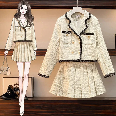 Dorotha Luxe Tweed 2 Pc Set - Set of Jacket and Skirt - flat-lay shot of jacket and skirt, cream - Miss Mosa By Akanksha