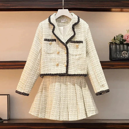 Dorotha Luxe Tweed 2 Pc Set - Set of Jacket and Skirt - flat-lay shot of jacket and skirt, cream - Miss Mosa By Akanksha