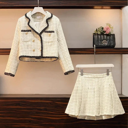 Dorotha Luxe Tweed 2 Pc Set - Set of Jacket and Skirt - flat-lay shot of jacket and skirt, cream - Miss Mosa By Akanksha