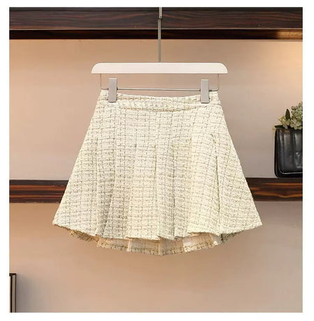 Dorotha Luxe Tweed 2 Pc Set - Set of Jacket and Skirt - front shot of skirt on hanger, cream - Miss Mosa By Akanksha
