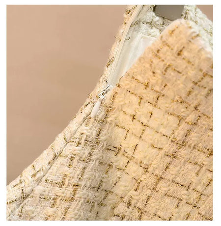 Dorotha Luxe Tweed 2 Pc Set - Set of Jacket and Skirt - close-up of zip detail, cream - Miss Mosa By Akanksha
