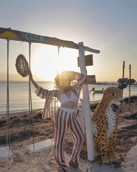 Dorre Top and Pants Resortwear Set - lifestyle shot on model, brown - Miss Mosa By Akanksha
