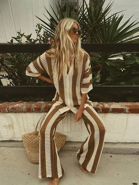 Dorre Top and Pants Resortwear Set - lifestyle shot on model, brown - Miss Mosa By Akanksha