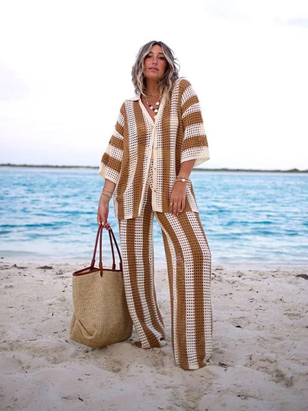 Dorre Top and Pants Resortwear Set - lifestyle shot on model, brown - Miss Mosa By Akanksha