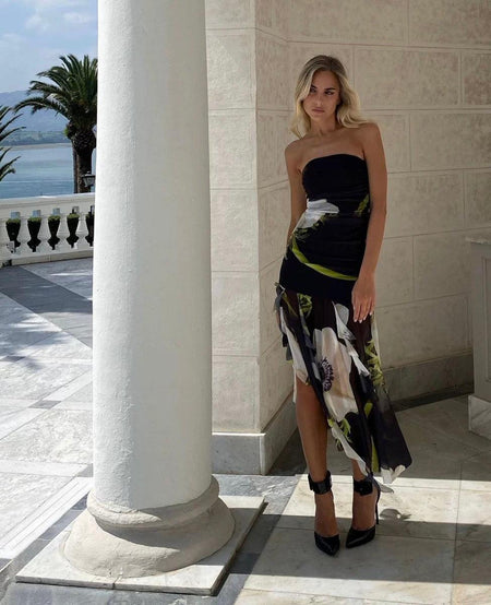 Dorris Bodycon Tube Ruffled Dress In Black - front shot on model, black - Miss Mosa By Akanksha
