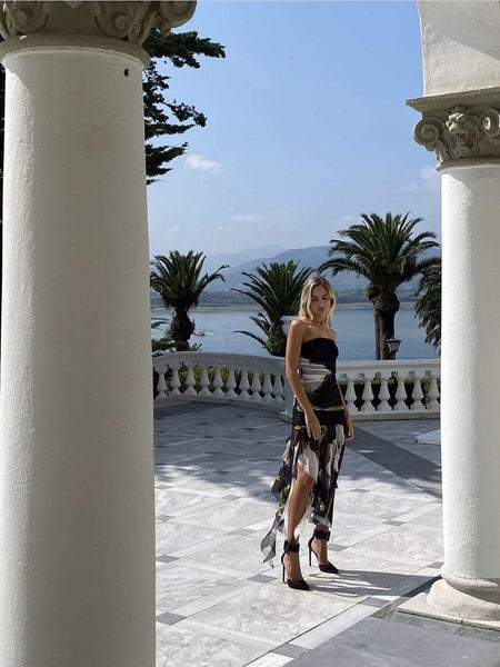 Dorris Bodycon Tube Ruffled Dress In Black - lifestyle shot on model, black - Miss Mosa By Akanksha