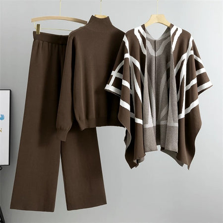 Dory Luxe Winter Coord Set with Cape - front shot on hanger, brown - Miss Mosa By Akanksha