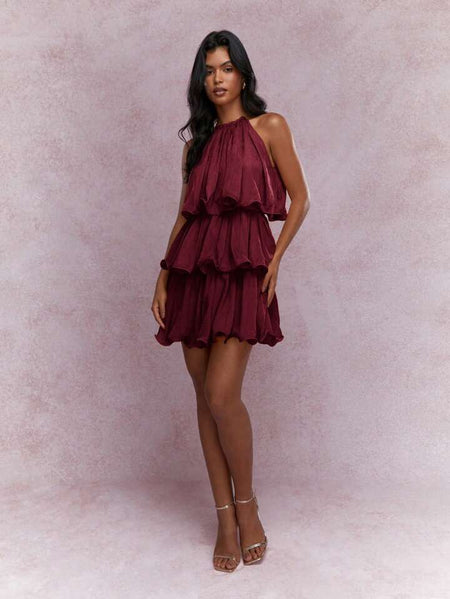 Dovie Halterneck Ruffle Mini Dress - full-length shot, burgundy - Miss Mosa By Akanksha