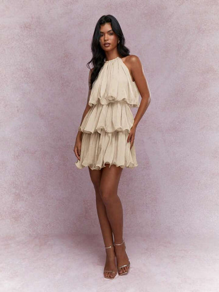 Dovie Halterneck Ruffle Mini Dress - full-length shot, cream - Miss Mosa By Akanksha