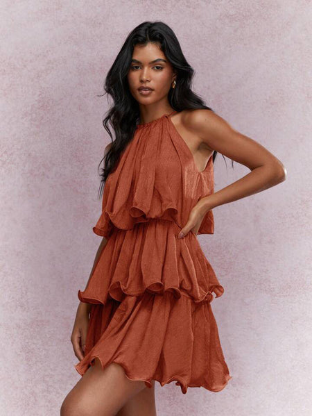 Dovie Halterneck Ruffle Mini Dress - three-quarter shot, rust - Miss Mosa By Akanksha