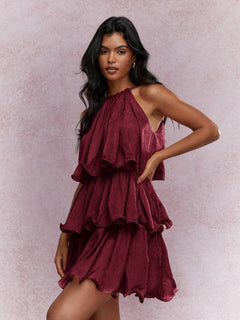 Dovie Halterneck Ruffle Mini Dress - three-quarter shot, burgundy - Miss Mosa By Akanksha