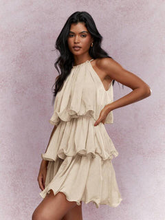 Dovie Halterneck Ruffle Mini Dress - three-quarter shot, cream - Miss Mosa By Akanksha