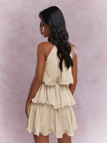 Dovie Halterneck Ruffle Mini Dress - back shot, cream - Miss Mosa By Akanksha