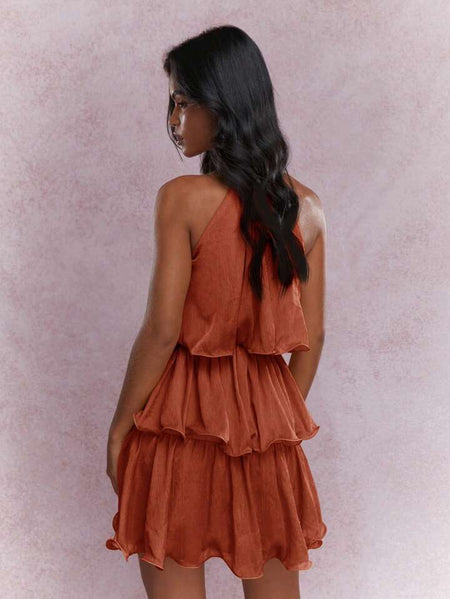 Dovie Halterneck Ruffle Mini Dress - back shot, rust - Miss Mosa By Akanksha