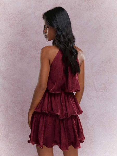 Dovie Halterneck Ruffle Mini Dress - back shot, burgundy - Miss Mosa By Akanksha
