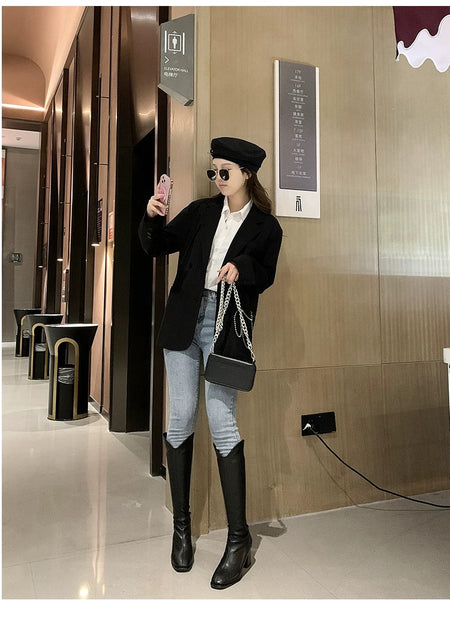 Drobe Premium Leather Boots with Heel - full-length styling shot on model, black - Miss Mosa By Akanksha