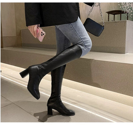 Drobe Premium Leather Boots with Heel - close-up of boots on model, black - Miss Mosa By Akanksha