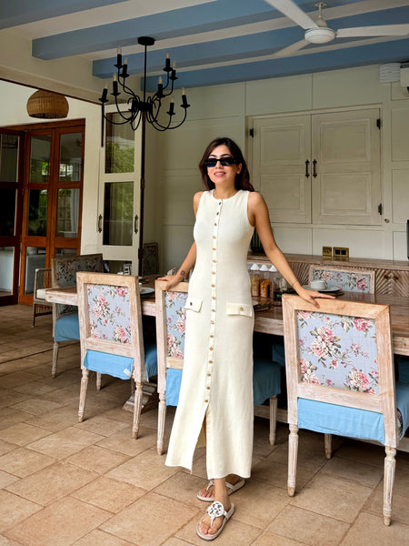 Du Luxe Soft Knit Dress in Beige - lifestyle shot on model, beige - Miss Mosa By Akanksha