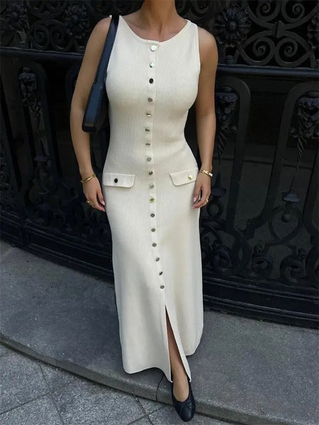 Du Luxe Soft Knit Dress in Beige - full-length shot on model, beige - Miss Mosa By Akanksha