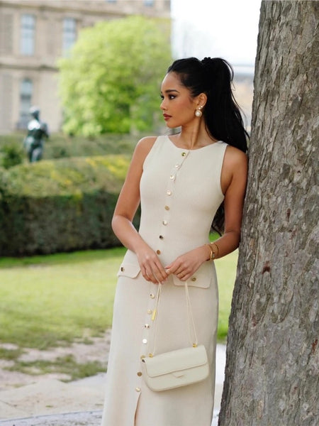 Du Luxe Soft Knit Dress in Beige - side shot on model, beige - Miss Mosa By Akanksha