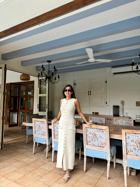 Du Luxe Soft Knit Dress in Beige - lifestyle shot on model, beige - Miss Mosa By Akanksha